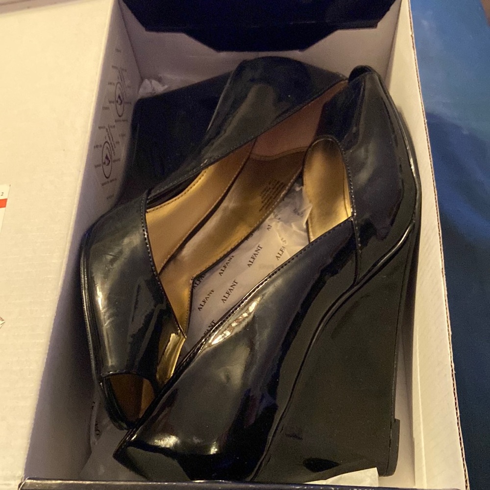 Black patent peep toe wedges